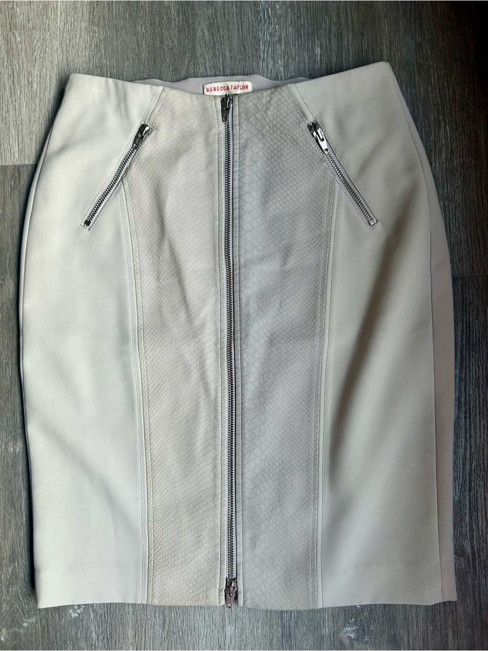 Rebecca Taylor Genuine Lamb Leather Paneled Skirt, Creamy Gray, Two-Way Zip Sz 6